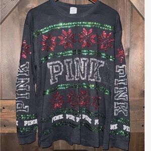 PINK Victoria's Secret Black Sequin Holiday Long Sleeve Tee